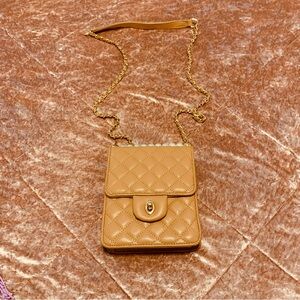Caramel Tan Quilted changeable Crossbody Bag braided Gold Chain pearls